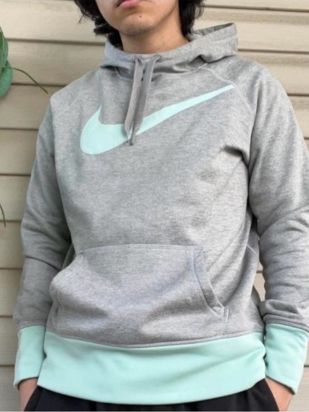 Nike Fitted Therma Grey Hoodie with Mint Swoosh and Mint M